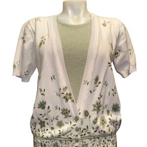 Vintage Floral Short Sleeve Faux Sweater Set Green & White Cottage Grandma SM
